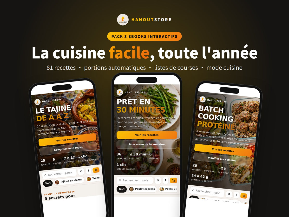 Pack 3 ebooks recettes interactifs Hanoutstore : tajine, 30 minutes, batch cooking