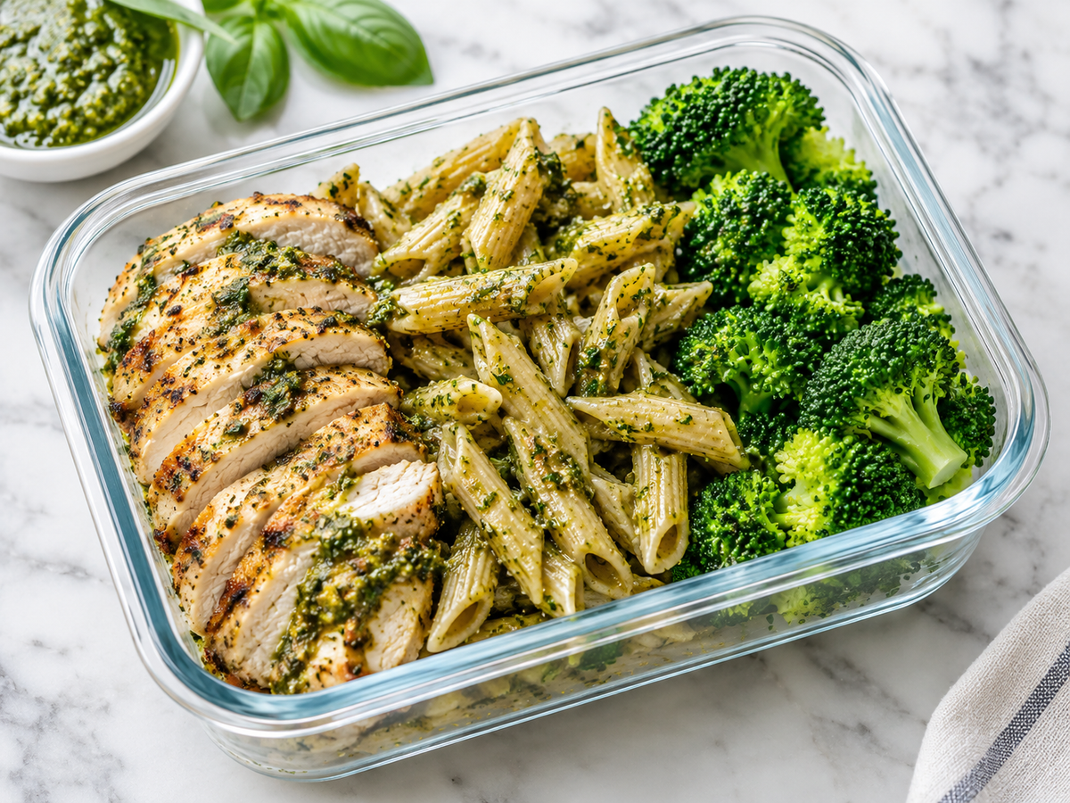 Poulet pesto, pâtes complètes et brocoli